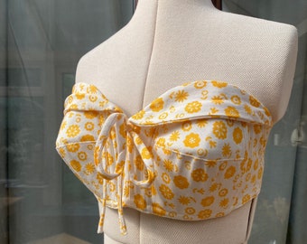 Vintage 1960s yellow and white short Top-Her Creations bra fit cotton bullet bra sun top UK 10 12 medium 60s 1950s 50s