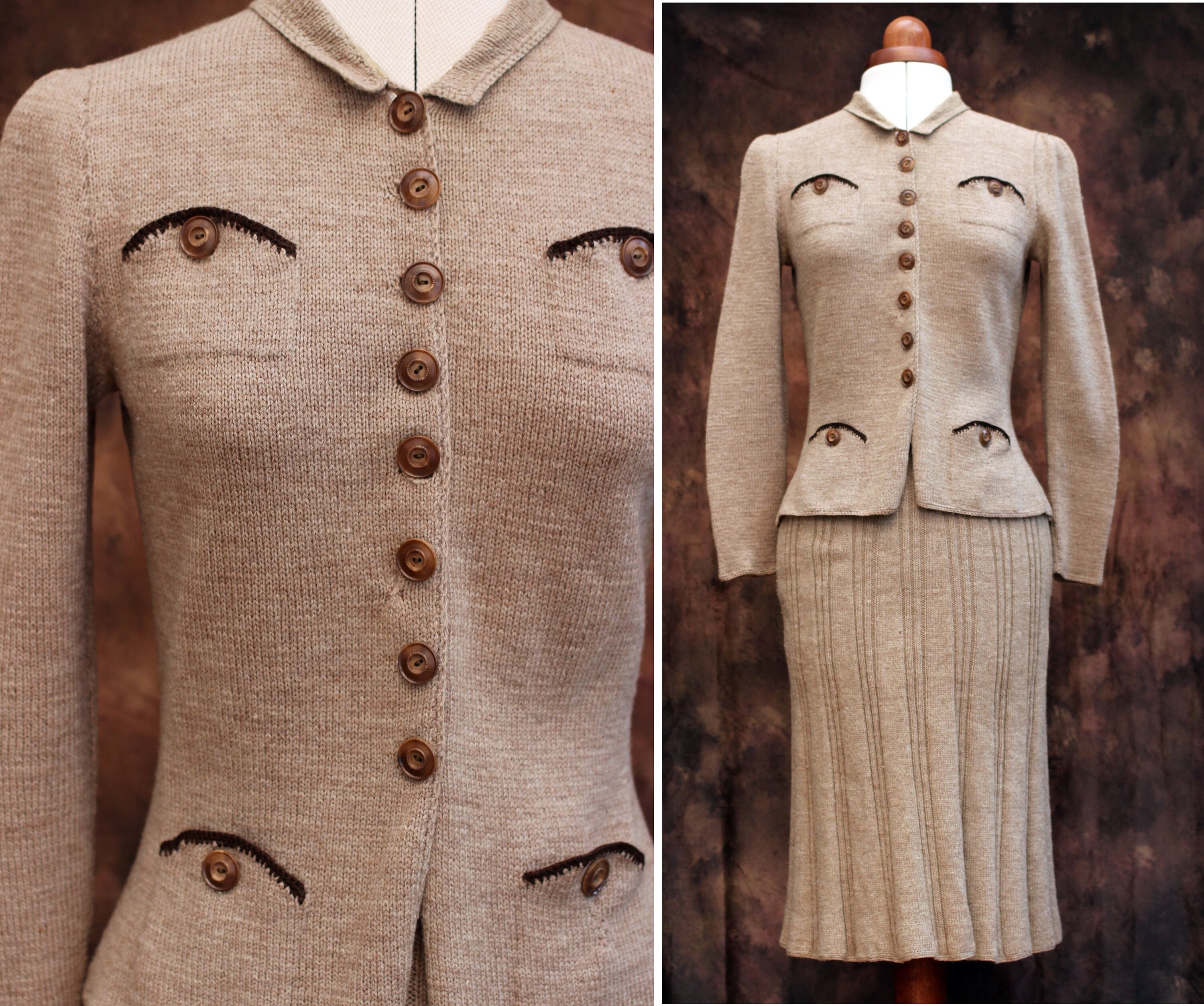 Image of Vintage S Oatmeal Beige Wool Knit Ribbed Skirt & Buttons Cardigan Suit Set Two Piece Uk   Small Medium Us  S Pockets Detail