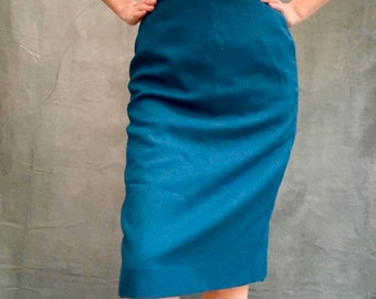 80s Vintage Teal Blue wool pencil wiggle skirt Small Medium UK 10