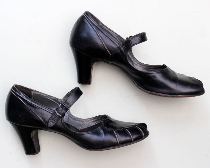 Vintage 1940s 40s black mary jane leather shoes white stitch | Etsy