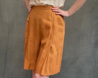 1940s 40s Vintage Mustard Culottes Linen High Waist Shorts UK 10 Small Knee Length