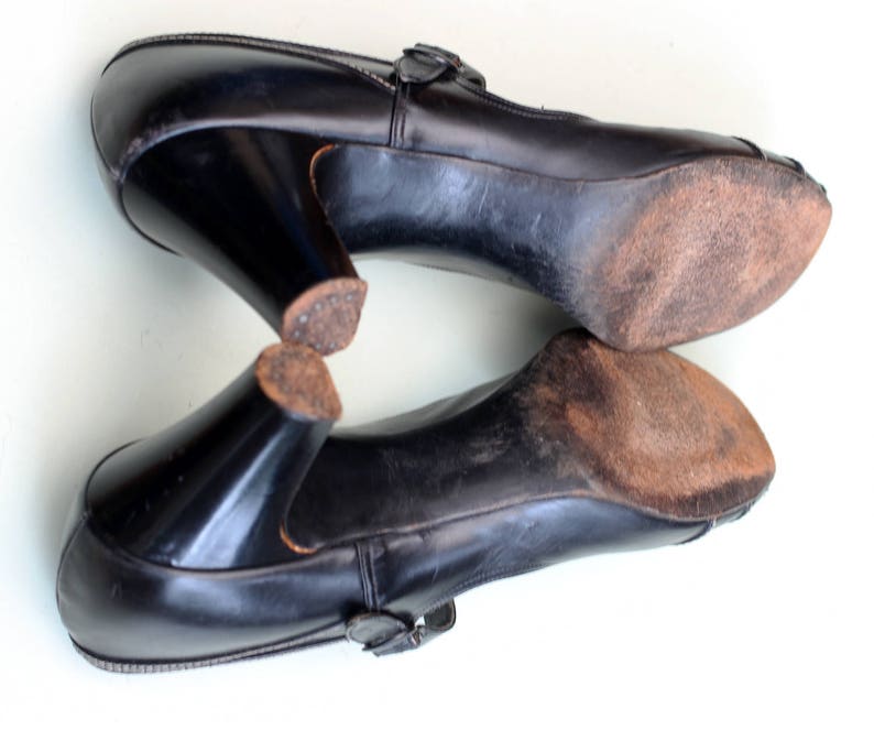 Vintage 1940s 40s black mary jane leather shoes white stitch | Etsy