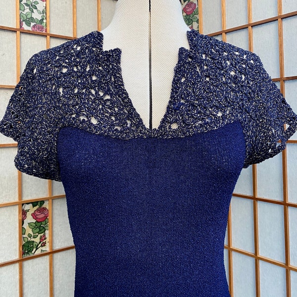 Vintage 1940s Dark Violet Indigo Knit Sweater Top with Metallic Weave by Susan Scott Designer Art Deco 1930s 40a small UK 8 10
