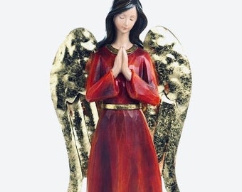 SALE Red Angel Figurine; Hand Painted Angel Resin Figurine; Praying Angel Unique Gift