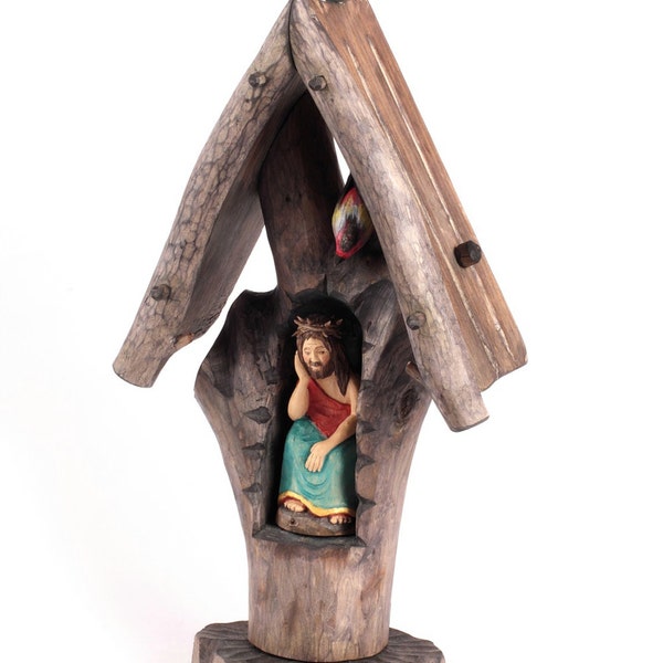 Wooden shrine with praying Jesus, hand carved sculpture, polish folk art,   sacral figure, ready to go