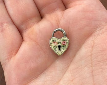 Vintage 925 Sterling Silver Enamel Guilloche Rose Heart Padlock Pendant Charm