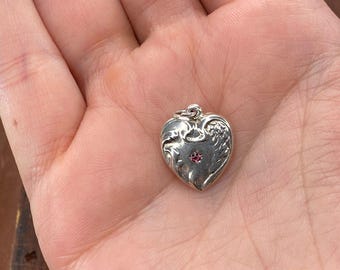 Vintage 925 Sterling Silver Repousse Angel Wings Pink Stone Puffy Heart Charm