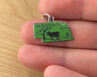 Vintage 925 Sterling Silver Enamel "Nebraska" State Map Bracelet Charm