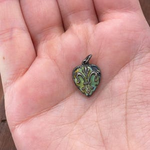Vintage 925 Sterling Silver Iridescent Enamel Fleur de Lis Puffy Heart Charm