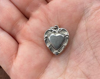 Vintage 925 Sterling Silver Repousse Swirl Double Sided Puffy Heart Charm