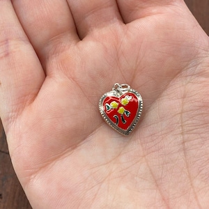 Vintage 925 Sterling Silver Enamel Red Yellow Flowers Puffy Heart Bracelet Charm
