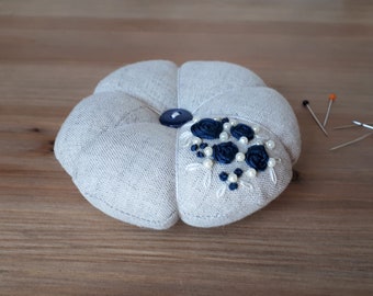 Pumpkin pin cushion, hand embroidered, linen pincushion, hand embroidery, sewing accessory, gift for her, blue silk ribbon flowers