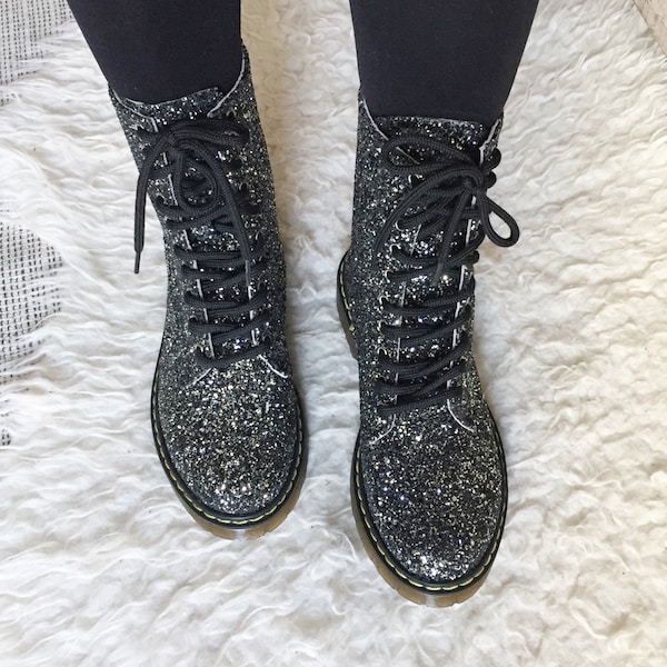 Glitter Black Boots, Womens Leather Boots, black womens boots, fashion boots Womens Boots, Glitter Shoes, Womens Army boots, Womens Shoes,