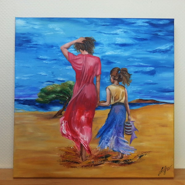 Sea side walk / Mum and daughter / Modern Impressionist / READY TO HANG / Original oil painting / Housewarming gift / Worldwide shipping /