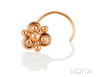 Piercing para nariz de oro rosa de 14 quilates, piercing de oro macizo, pendiente indio para nariz, tornillo de flor para nariz, pendiente para trago
