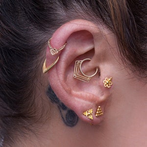 Piercing Set, Daith Earring, Cartilage Earring, Tragus Jewelry, Helix Hoop, Rook Piercing, Indain Jewelry, 14K Solid Gold Set, 18g, 20g,Boho