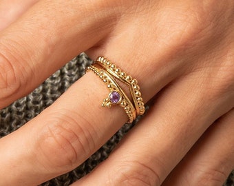 14k Gold Ring Set with Amethyst Gemstone, Indian Ethnic Stylish Rings Set, Boho Engagement / Wedding Ring Set for Women, Stackable Ring Set