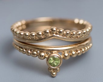 Gold Ring Set for Women, 14K Gold Rings, Boho Wedding Ring Set, Peridot Engagement Ring, Stackable Rings, Gold Gemstone Jewelry, Indian Ring
