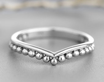 Beaded Chevron Band Ring, V Shaped Ring, 14k White Gold Ring For Women, Minimalist Stackable Ring, Dot Ring, Dainty White Gold Ring
