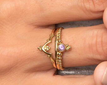 14k Solid Gold Ring Set With Amethyst Stone- Set of 2 Gold Rings- Boho Stacking Rings