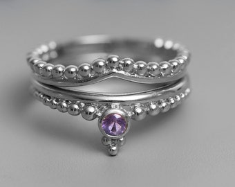 14K Gold Unique Amethyst Ring Set, TWO Stackable Matching Rings Set, Solid Upcycled White Gold Ring Set, Vintage Alternative Engagement Ring