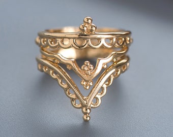 14k Gold Ring Set For Women, Unique Boho Wedding Ring Set, Boho Stacking Ring Set, Bridal Ring Set, Engagement Ring Set, Matching Ring Set