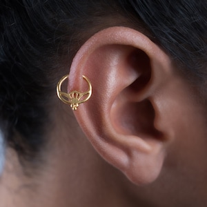 14K Gold Lotus Helix Hoop Earring, Solid Gold Cartilage Piercing, Dainty Indian Earring, Gift for Her