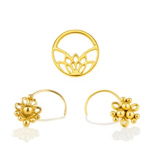 Piercing Set, Indian Gold Nose Studs, Lotus Septum Jewelry, also fits Tragus, Daith,Helix, Rook, Cartilage, 18g, 20g, Lotus, Recycled Gold