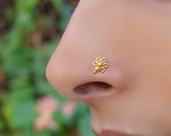 14K Gold Flower Nose Stud, Nose Piercing, Gold Nose Ring Stud, Indian Nose Stud, Gold Nose Screw, Solid Gold Nose Jewelry, Tribal Nose Stud