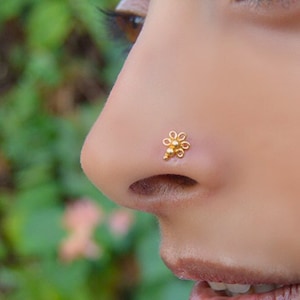 14K Gold Flower Nose Stud, Nose Piercing, Gold Nose Ring Stud, Indian Nose Stud, Gold Nose Screw, Solid Gold Nose Jewelry, Tribal Nose Stud