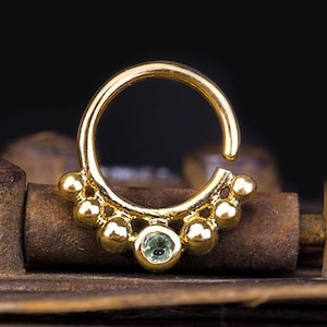 Gold Septum Ring, Tribal Septum, Stone Septum, Real Septum, Indian Nose Ring, Cartilage Ring, Tragus Earring, Hex Hoop, Rook Ring, 18g