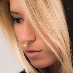 18K Gold Plated Septum Ring, Daith Rook Piercing, Lotus Septum Piercing, Gold Tribal Septum, Tragus Earring, Hoop Nose Piercing