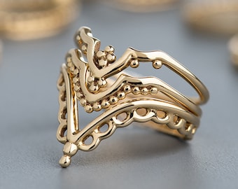 14K Solid Gold Women's 3 Rings Set, Recycled Eco-Friendly Gold Rings, Unique Ring Set, Unusual Ethnic Wedding Stackable Stacking Rings