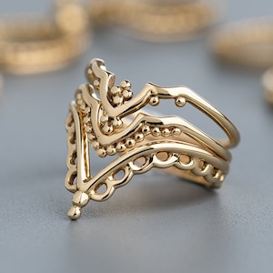 14k Gold Stacking Ring, Set of 3 Rings For Women, V Shape Ring Set, Boho Chevron Rings, Unique Wedding Ring Set, Everyday Ring Jewelry image 2