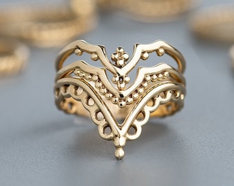 14k Gold Chevron 3 Ringe Set für Frauen, V-Form stapelbar Boho Ring Set, Boho Ehering Set, einzigartiger Verlobungsring, ethnisches Ringset