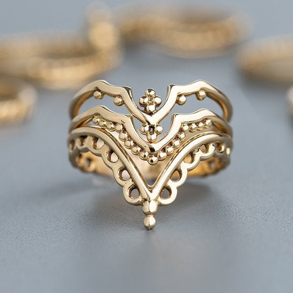 14k Chevron Gold Rings for Women, V Shape Stackable Ring Set, Boho Wedding Ring Set, Unique Engagement Ring, Anniversary Gift Idea for Her