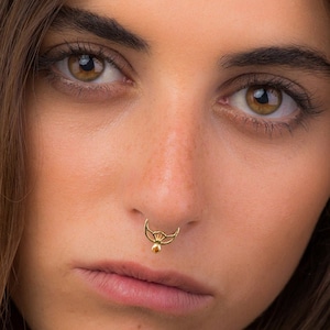 Gold Septum Ring With Stone, Septum Piercing, Tribal Lotus Septum, 18K Gold Plated, Septum Ring, 18g Nose Jewelry