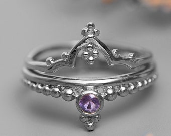 Sterling Silver Amethyst Ring Set, Boho Stacking Rings, Dainty Stackable Rings, Gift for Her