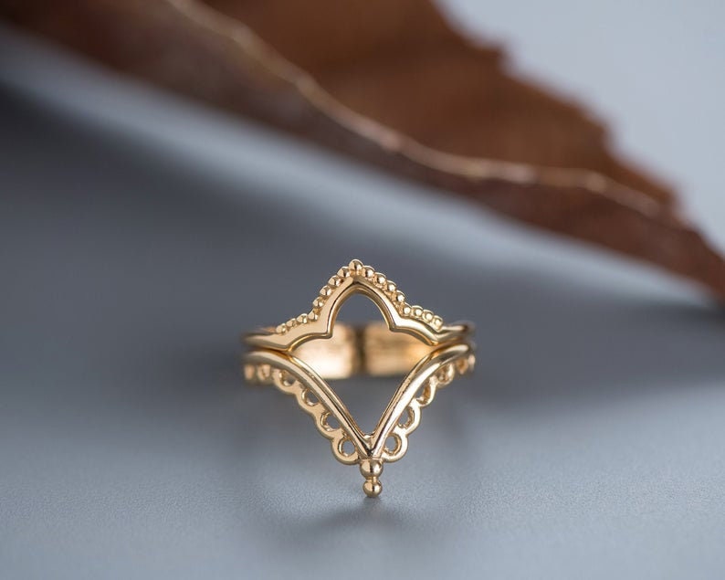 14k Gold Stacking Ring, Set of 3 Rings For Women, V Shape Ring Set, Boho Chevron Rings, Unique Wedding Ring Set, Everyday Ring Jewelry image 7
