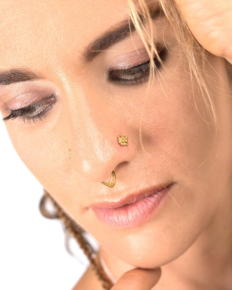Gold Septum Ring Piercing Set Gold Nose Studs 20g,Tribal 18g Indian Nose Jewelry 14K Solid Gold Set of Nose Studs and Septum Piercing