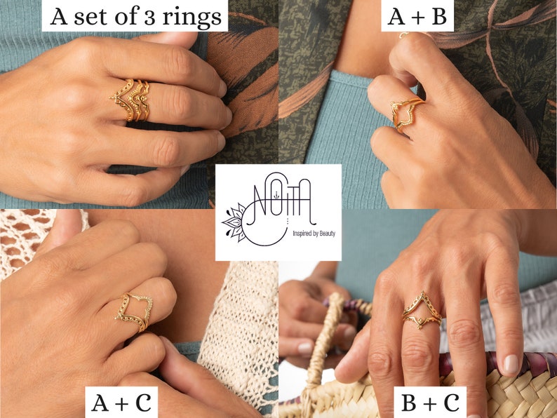 14k Gold Stacking Ring, Set of 3 Rings For Women, V Shape Ring Set, Boho Chevron Rings, Unique Wedding Ring Set, Everyday Ring Jewelry image 6