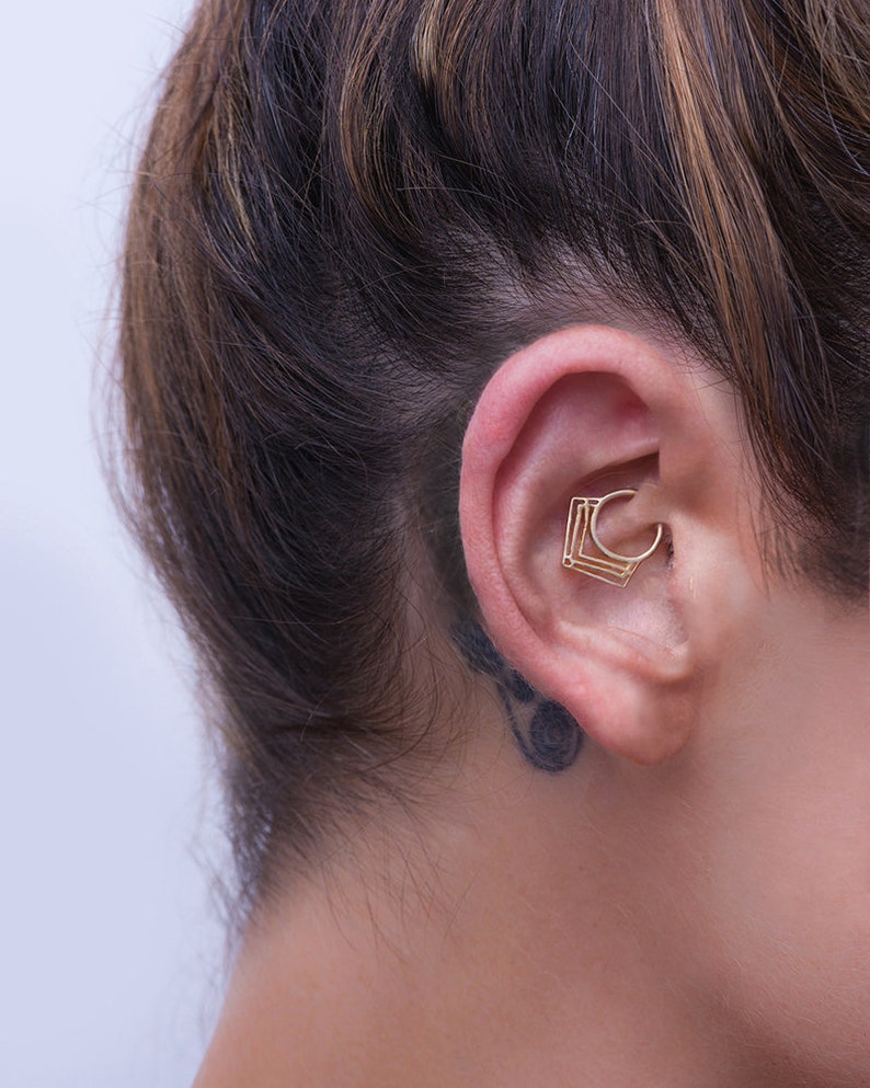 Daith Earring, Daith Piercing, Cartilage Earring, Tragus Jewelry, Helix Hoop, Rook Piercing, Indain Jewelry, 14K Solid Gold, Geometric, 18g image 1