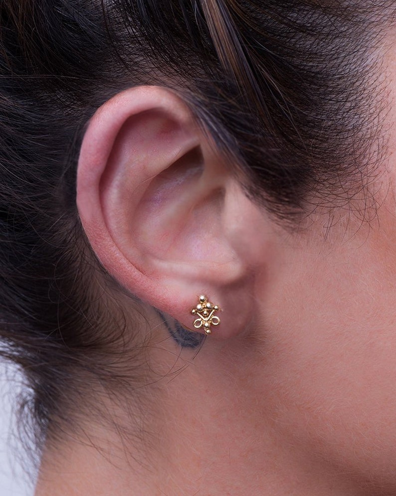 Indian Stud Earrings, Small Stud Earrings, Tiny Stud Earrings, Tiny Gold Earrings, Indian Jewelry, Second Hole Earrings, Tribal Earrings,14K image 1