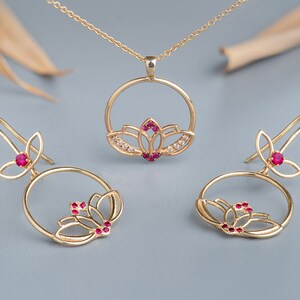 Necklace and Earring Set, Jewelry Set for Women, 14K Solid Gold Earrings & Necklace, Lotus Flower Wedding Jewelry, Ruby Set, Recycled Gold