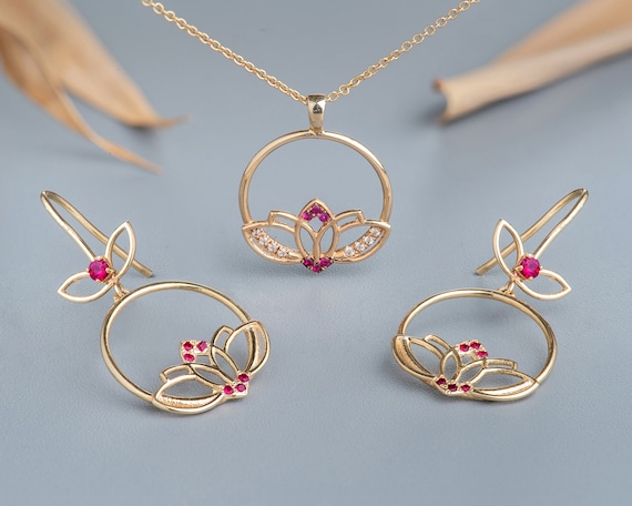 Necklace and Earring Set, Jewelry Set for Women, 14K Solid Gold Earrings & Necklace, Lotus Flower Wedding Jewelry, Ruby Set, Recycled Gold