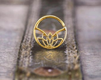14K Gold Lotus Septum Ring, Unique Nose Piercing, Handmade Indian Jewelry, Boho Style Gift for Her