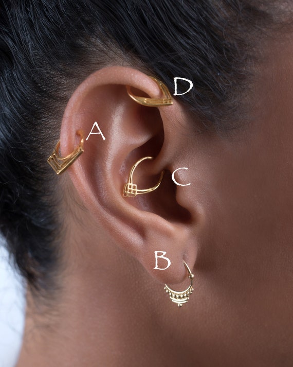 Piercing Set, Daith Earring, Cartilage Earring, Helix Jewelry, Front Helix,  Rook Piercing, Indain Jewelry, 14K Gold, 18g, 20g, Geometric 