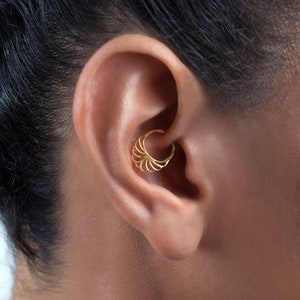 Delicate Ear Piercing, 18k Gold Helix Earring, Cartilage Hoop, Daith Jewelry, Tragus Ring, Unique Septum Ring, Lotus, Birthday Gift Idea