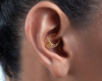 Delicate Ear Piercing, 18k Gold Helix Earring, Cartilage Hoop, Daith Jewelry, Tragus Ring, Unique Septum Ring, Lotus, Birthday Gift Idea