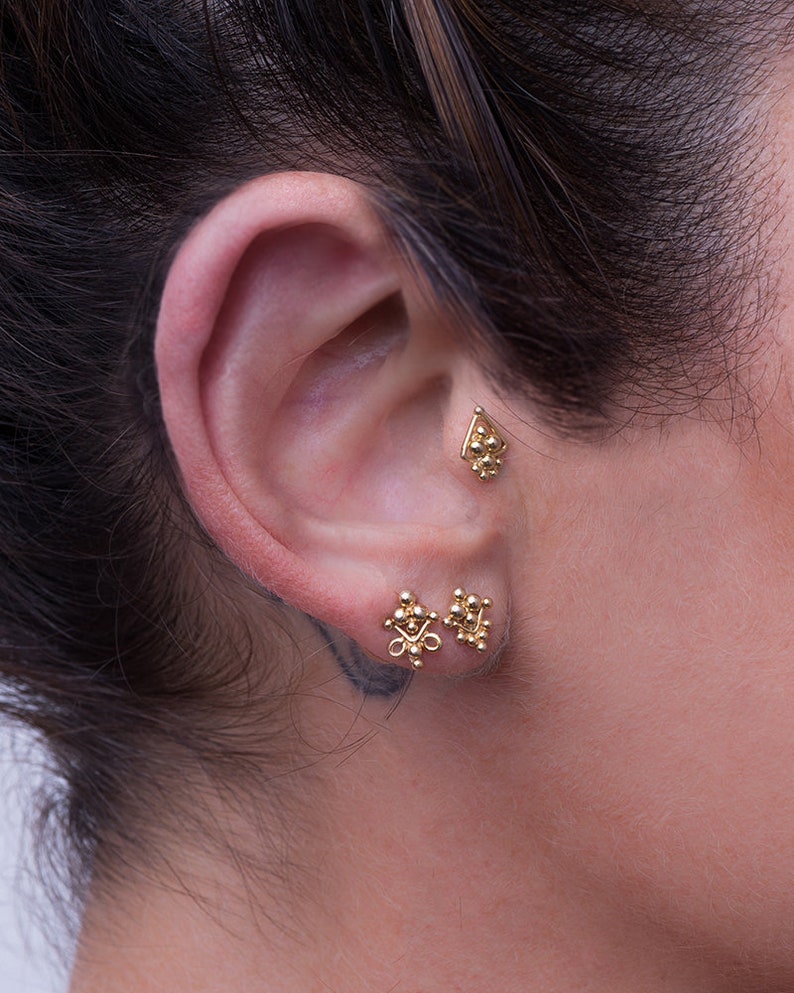 Indian Stud Earrings, Small Stud Earrings, Tiny Stud Earrings, Tiny Gold Earrings, Indian Jewelry, Second Hole Earrings, Tribal Earrings,14K image 4